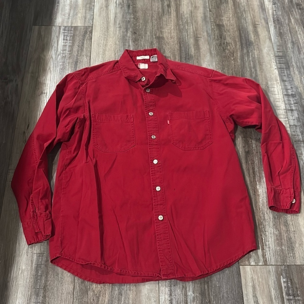 Vintage Levis Shirt Mens Medium Red Denim Long Sleeve Western Metal Button